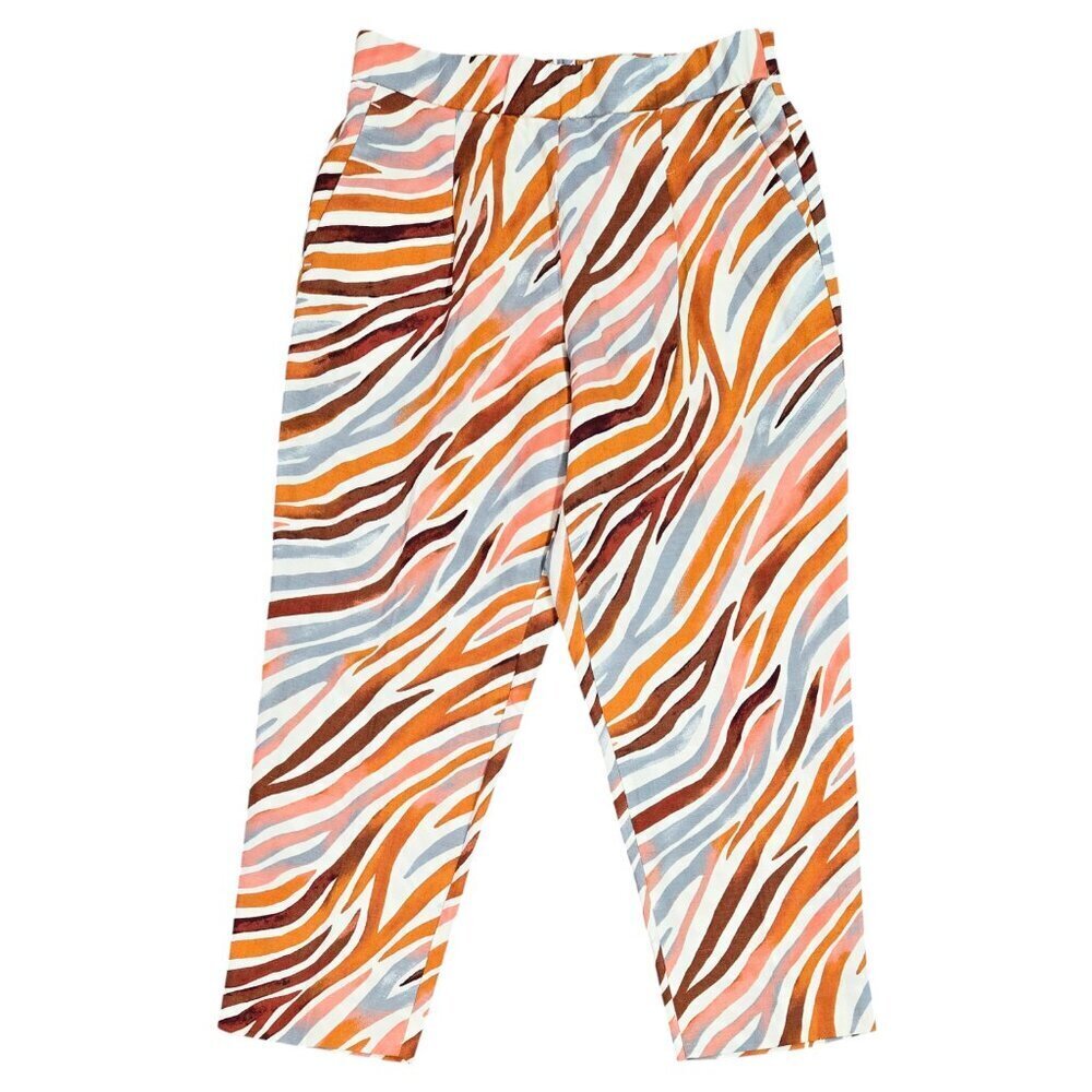 Ann Taylor Linen Blend Zebra Print Pull On Easy Ankle Pants Beachy PETITE